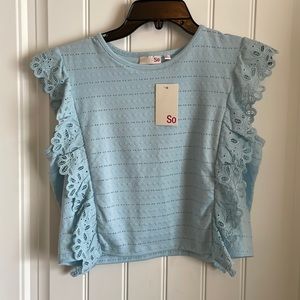 NWT Light blue crop top with embroidered lace detail size large